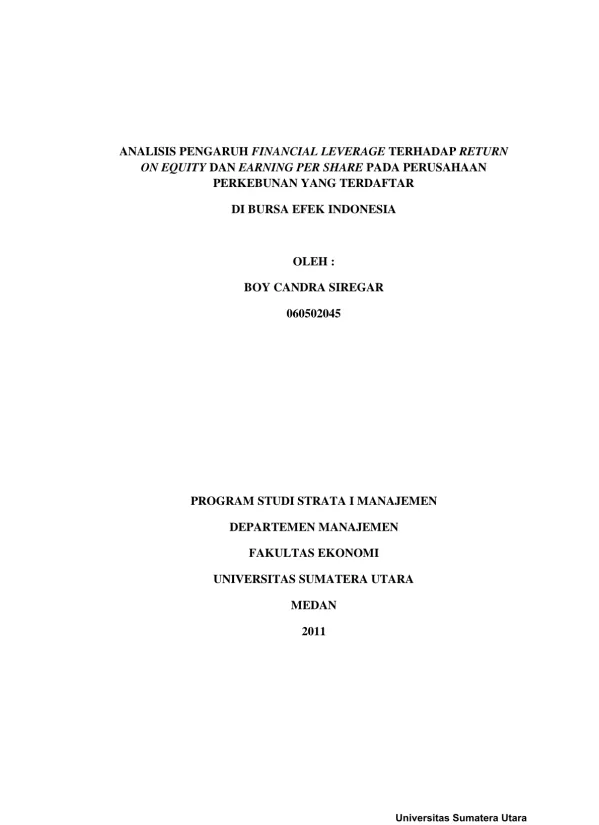Analisis Pengaruh Financial Leverage Terhadap Return on Equity dan Earning per Share pada Perusahaan Perkebunan